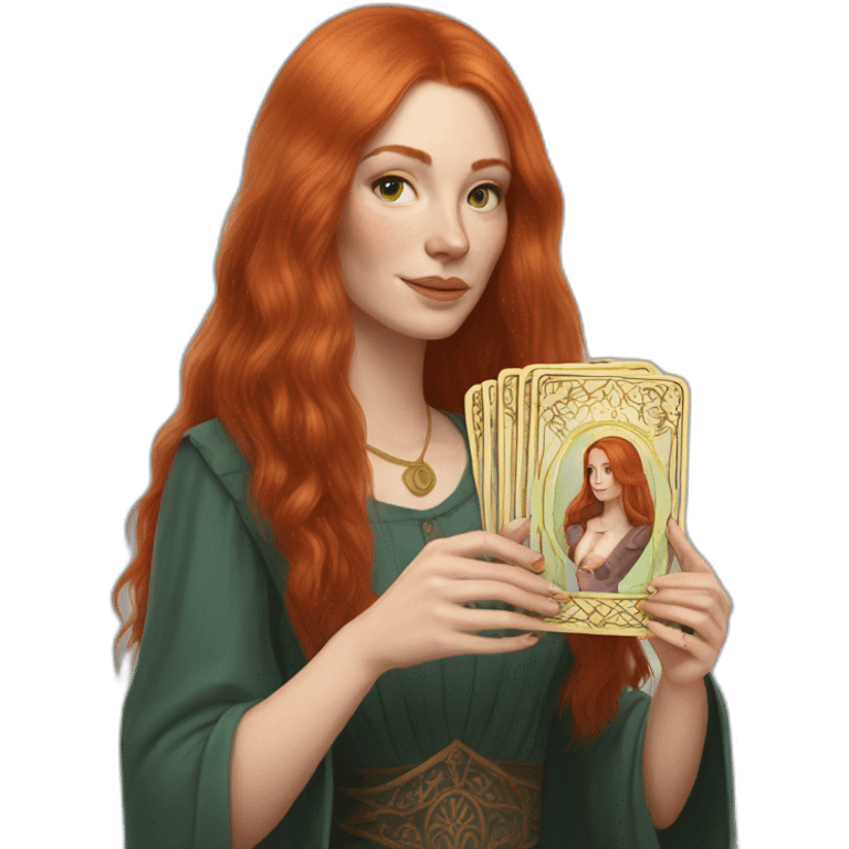 redhead white woman medium long straight hair, holding a tarot card in her hand emoji