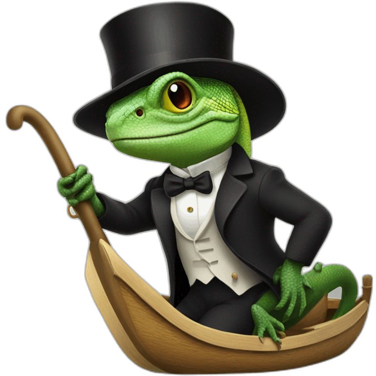 lizard with a cane and a black top hat on a boat emoji