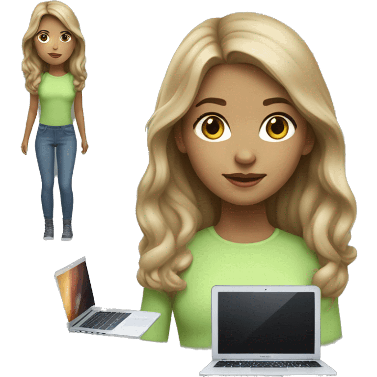 Girl white light brown medium hair with MacBook realistic color light green-blue emoji