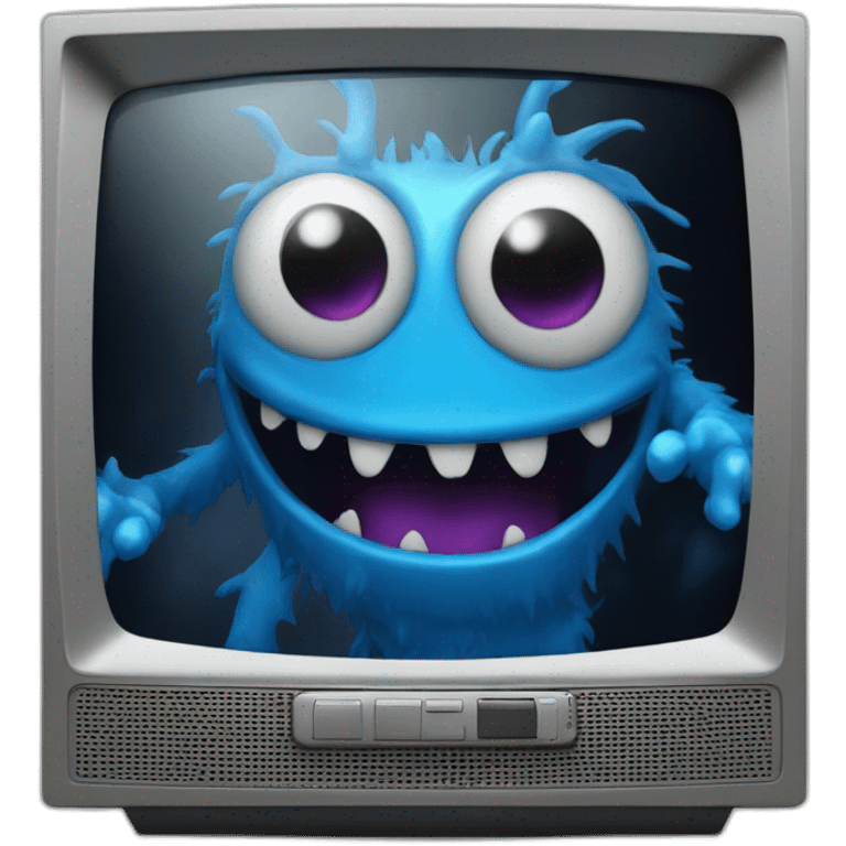 a blue monster emerging from a VHS television screen emoji