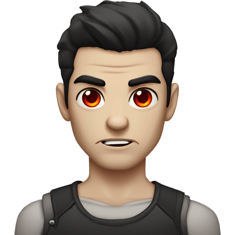 dark-haired, pale skin with red eyes, with  tattoos, male looking angry emoji