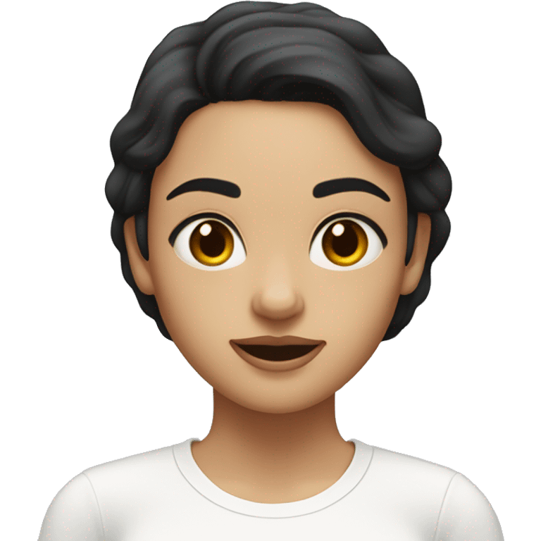 A woman with dark hair loose and hazel browm eyes, waering a white shirt and whit skin emoji