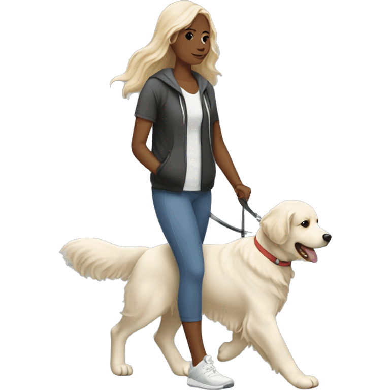 Woman wearing athleisure walking white golden retriever emoji