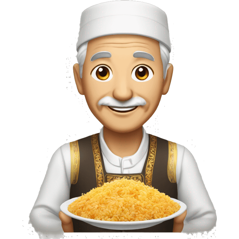 smiling uzbek old man with national outfit chapon serving pilaf emoji