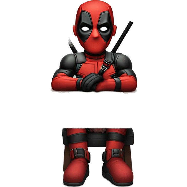 Cute Deadpool sitting at a desk, front view emoji