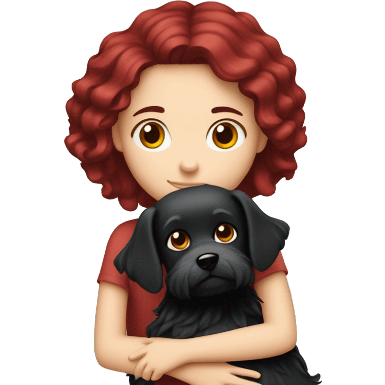 Dark red hair girl hugs  her maltese black dog emoji