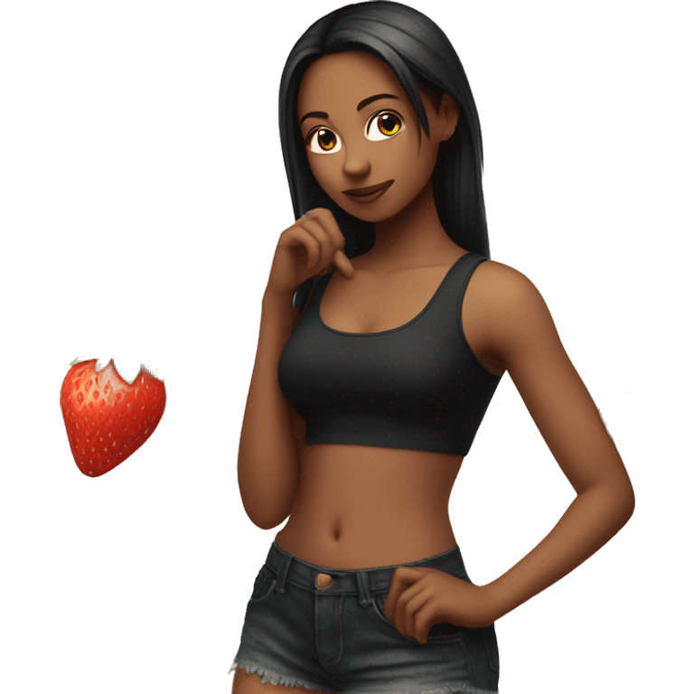 girl in black tank top holding a strawberry full body pic emoji