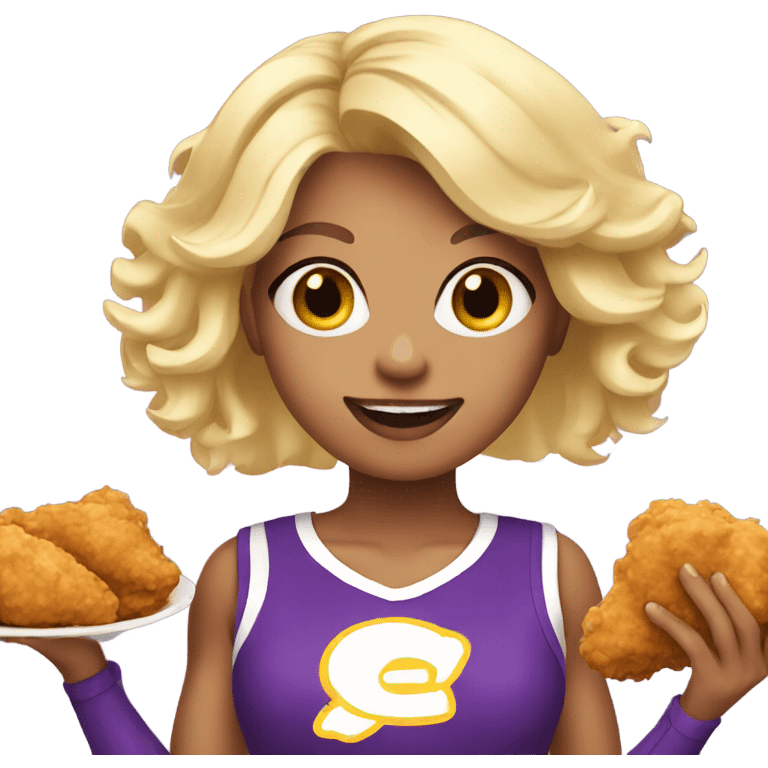 blonde cheerleader holding fried chicken in a purple uniform emoji