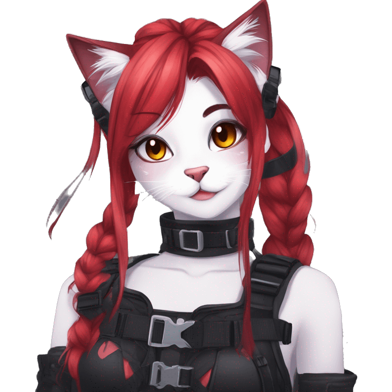 Gorgeous gothic dark techwear anime style anthro cat furry sona with blushing face aesthetic and pretty edgy black red punk messy ponytail hair with collar and harness trending style emoji