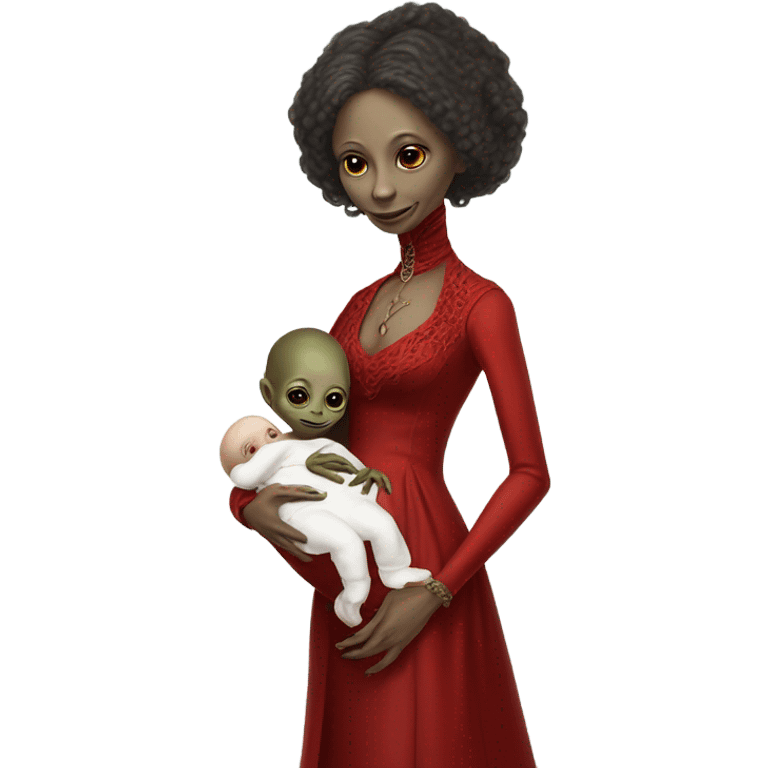  Reptilian alien woman , full body, in victorian red elegant dress , holds a newborn white humman baby emoji