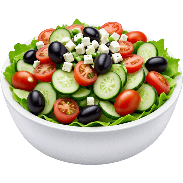 Cinematic Realistic Greek Salad Dish Emoji, depicted with crisp lettuce, tomatoes, cucumbers, olives, and feta cheese rendered with vibrant textures and fresh, natural lighting. emoji