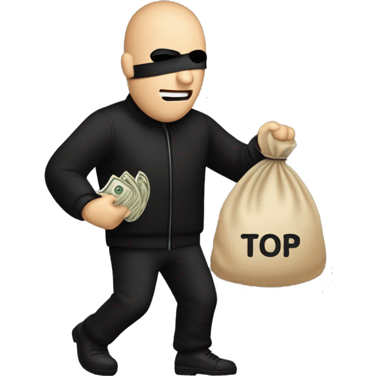 Thief wearing all black clothes actively stealing a beige money bag with the words Top Tier embroidered on it emoji