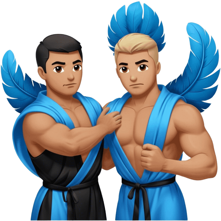 Two muscular men silk blue black robe pillow fight feathers emoji