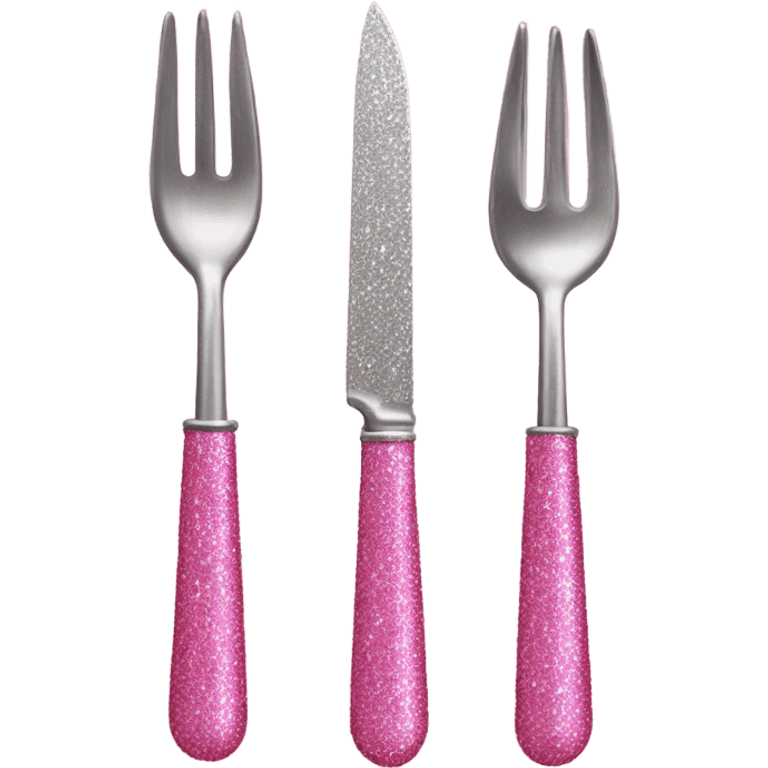 Pink knife, fork, and spoon with glitter  emoji