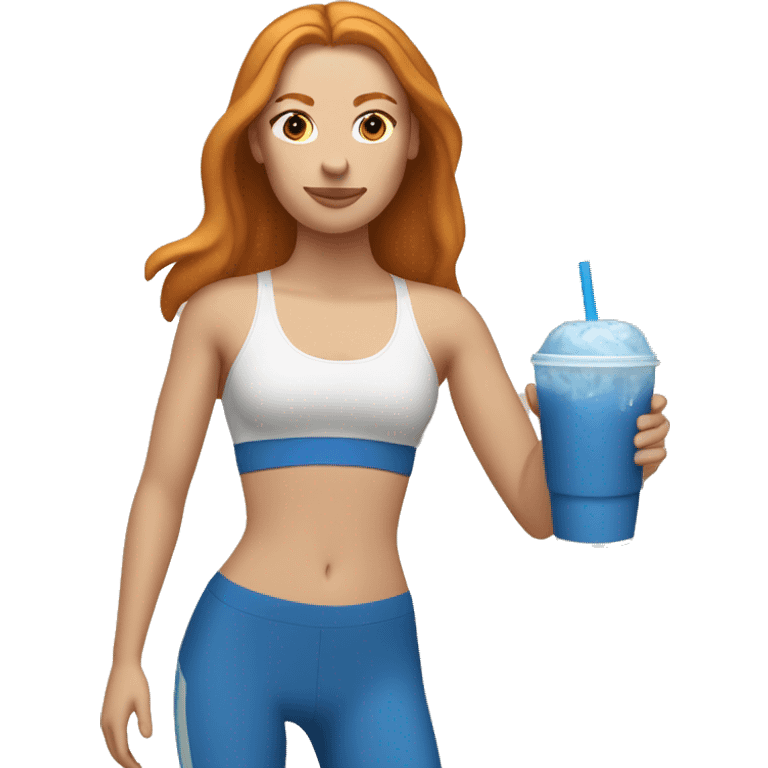 Ginger straight haired white girl in blue sports bra and leggings drinking iced coffee emoji