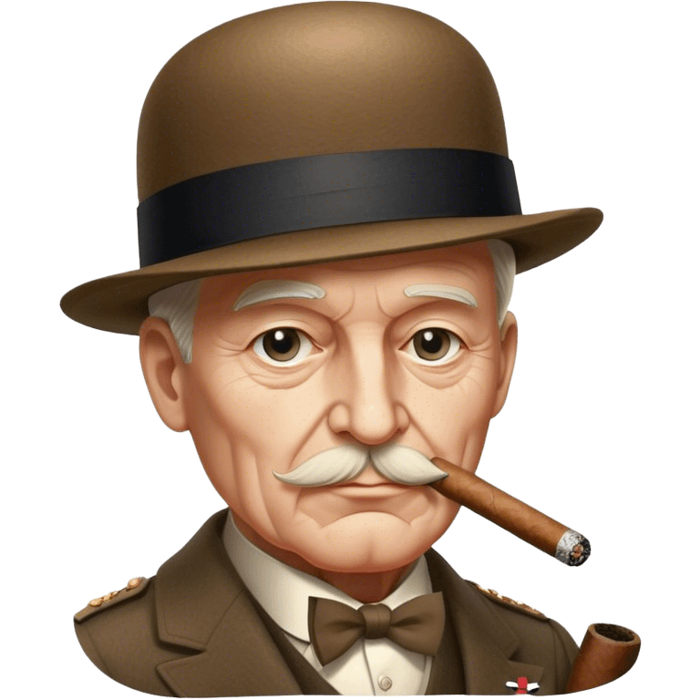 Cinematic Realistic Winston Churchill Portrait Emoji, depicted as a resolute British statesman with a signature bowler hat and a cigar, exuding determined leadership and wartime valor, rendered with lifelike textures and dramatic vintage lighting that captures his iconic British spirit. emoji