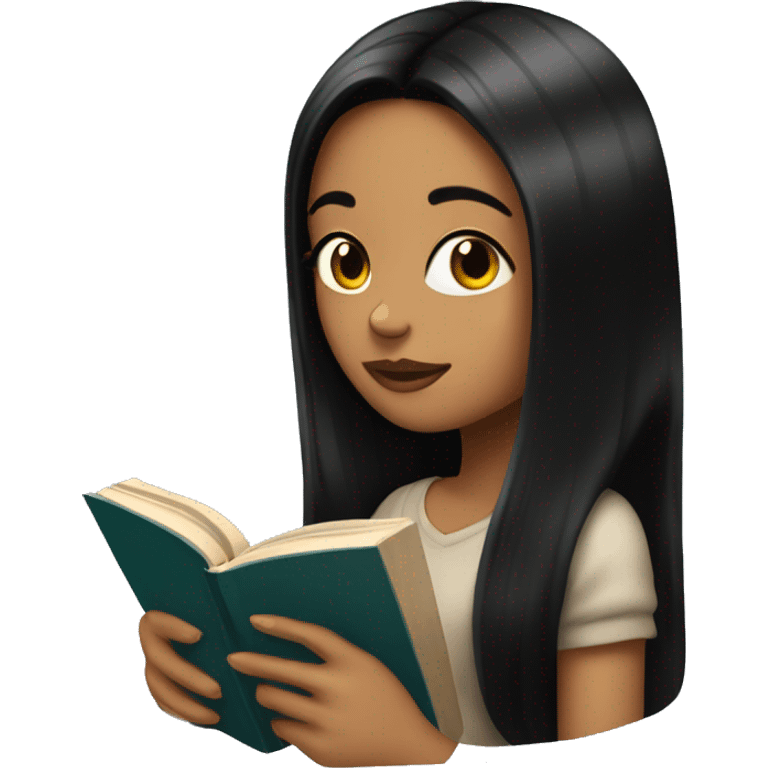 Girl with long straight black hair, tattoos and reading a book in black  emoji