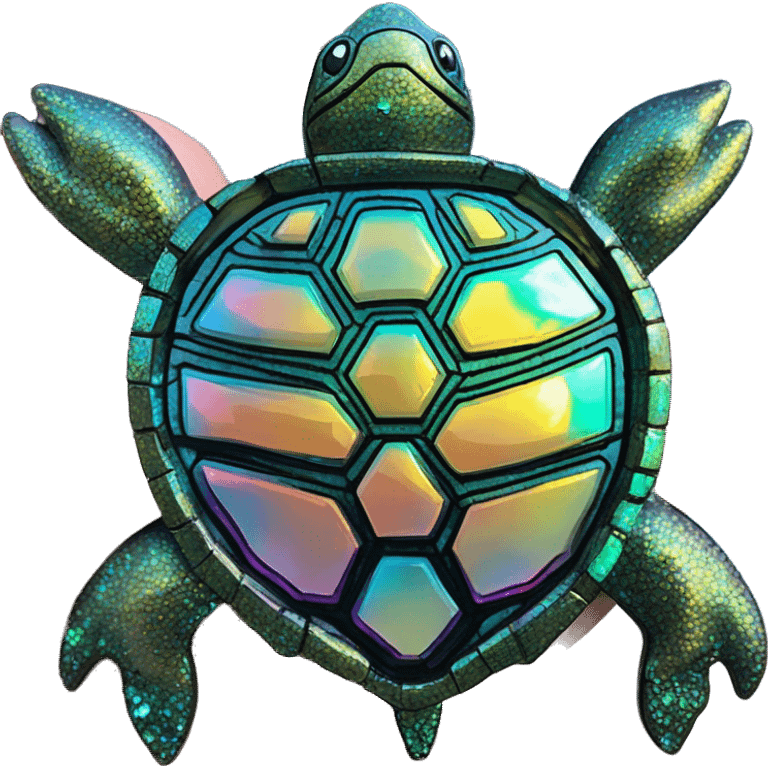 Sparkling Turtle made from kaleidoscopic crystalline rainbow oilslick cyan glass, stained glass art emoji