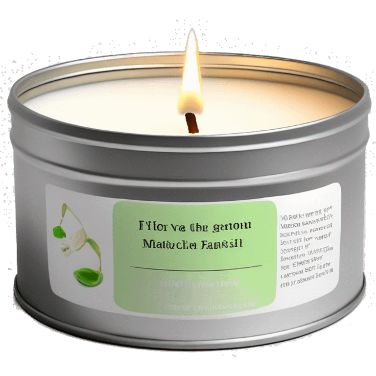 realistic, lit matcha scented candle, silver tin, small white label, text emoji