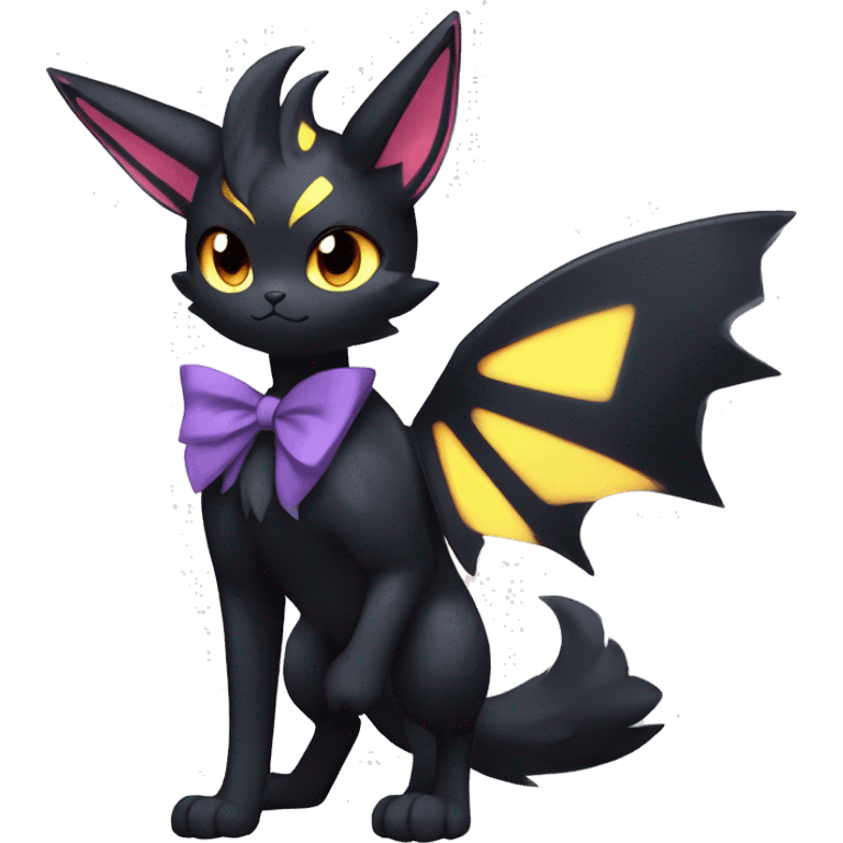 Shiny Dark Cool Edgy Black beautiful ethereal fantasy Kawaii Sona Umbreon-Noibat-Litten-Fakemon-cat-animal with edgy bat-ears bow tie black mane vtuber model Full Body emoji