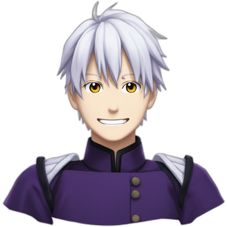 Satoru Gojo with his blue eyes,long medium white hair, a big friendly smile, dark violet uniform from jujutsu kaisen emoji