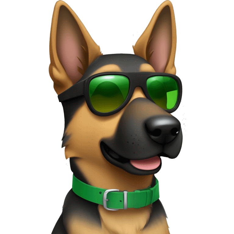 Slim weak german shepherd with green belt and full black sunglasses and hair colour gray and a little brown near mouth emoji