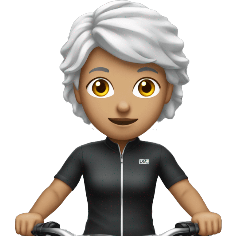 Mountain biking black bike, white cyclist wearing black clothes woman with grey hair emoji