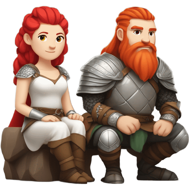  White Viking red head pale skin beautiful dragon  queen with a Viking solder with a gray man bun built white solder on a dragon  emoji