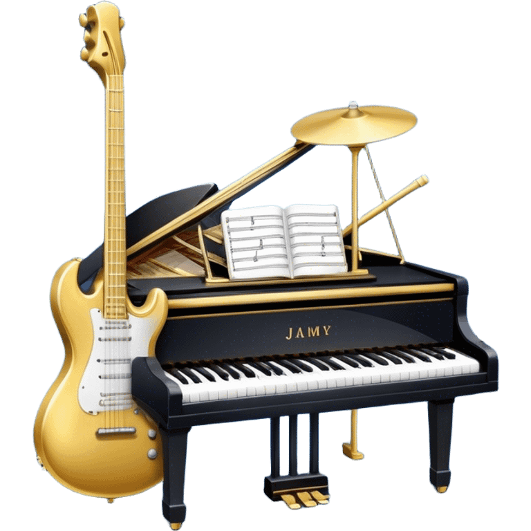 Create an elegant and artistic emoji that represents music arrangement and orchestration. The design should feature musical notes, a set of piano keys, a drum set, and an electric guitar to symbolize the diverse elements of orchestration and arrangement. Include a conductor's baton to emphasize the role of a conductor in bringing all the instruments together. Use a mix of rich colors like gold, silver, and deep blue for sophistication, and add flowing lines to represent the harmony between different instruments. The background should be transparent. emoji