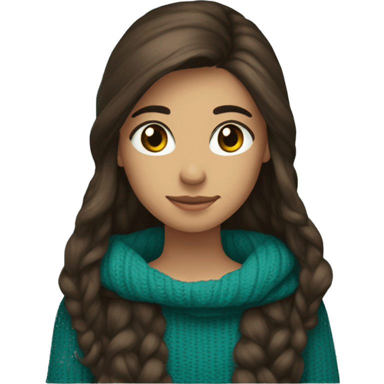 teenage girl, hispanic, long brown hair, brown eyes, teal sweater, winter sweater emoji