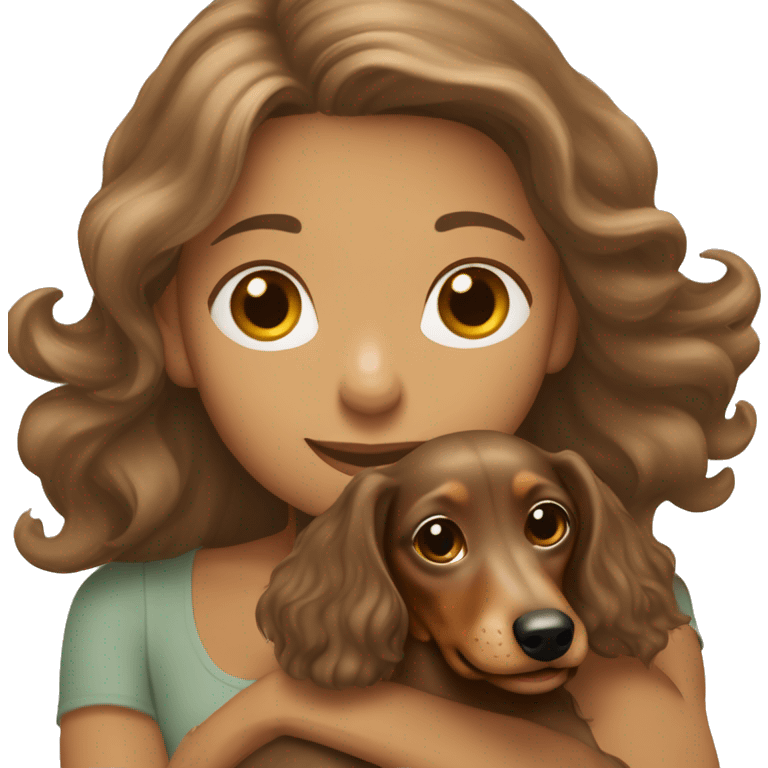 long light brown wavy haired girl hugging a mini long haired dapple dachshund  emoji