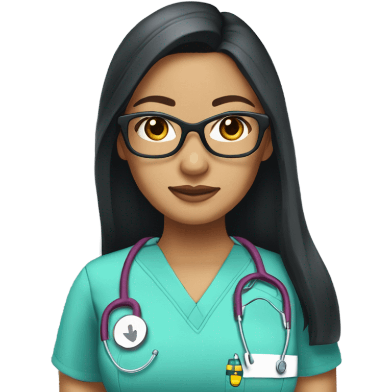 filipina nurse with long straight black hair and tan skin and clear glasses in scrubs emoji