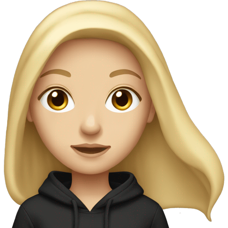 white Caucasian female with long blonde hair wearing an oversized black hoodie sweatshirt emoji