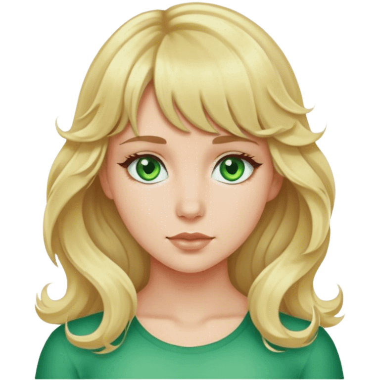 create a blonde wavy hair girl with green eyes, bangs  emoji