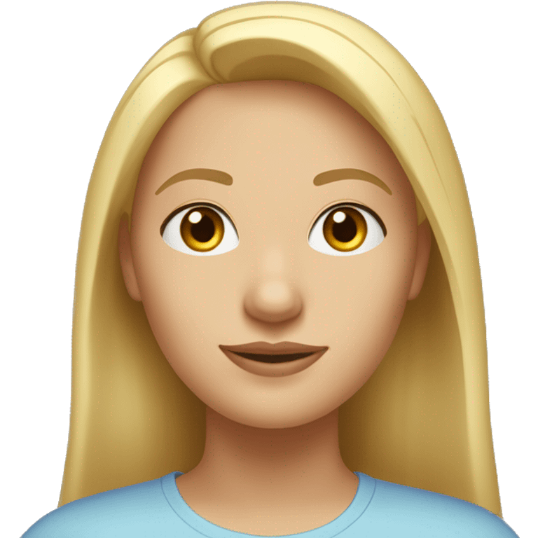 A head and shoulders shot of a 33 year old Caucasian woman, with straight blonde hair,   with brown eyes wearing a t-shirt. emoji