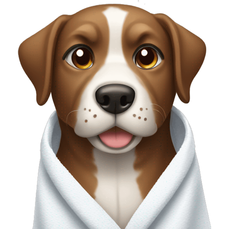 Brown and white dog wearing towel emoji