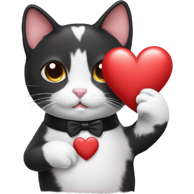 tuxedo cat holding a small heart emoji