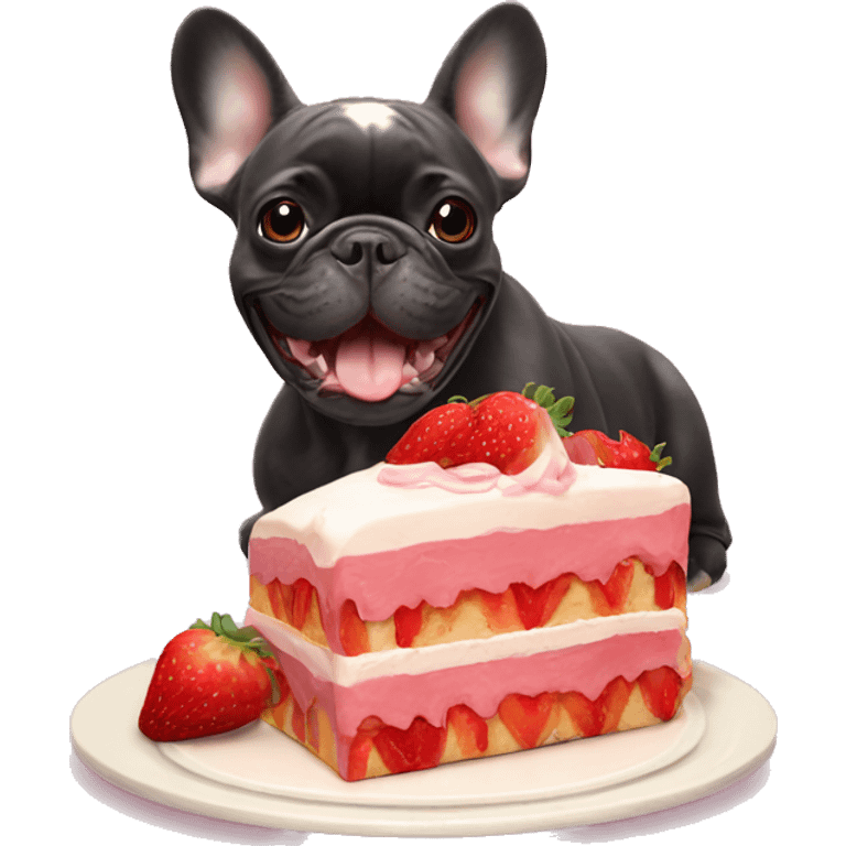 French bulldog eats strawberry cake emoji