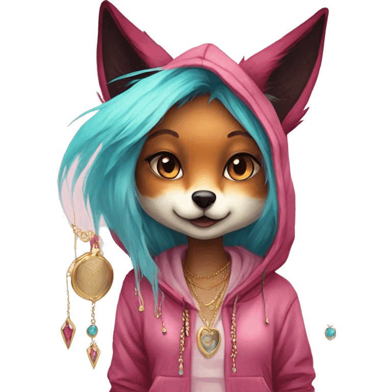 Pink magenta burgundy maroon cyan beige fox wearing a pink hoodie with gold jewellery gold piercings gold ear piercing gold nose piercing vintage watercolour tie dye black raven wings emoji