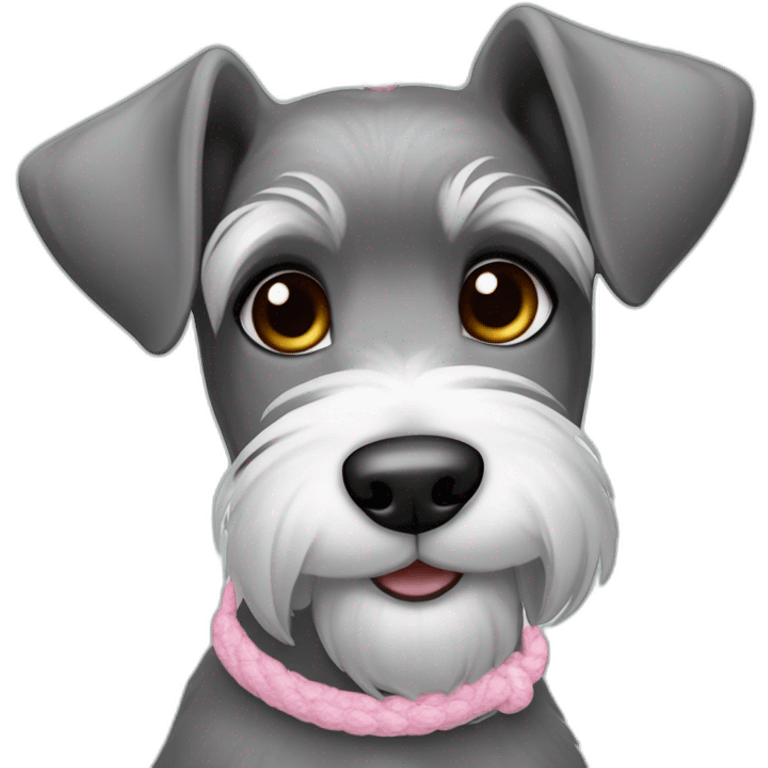 female dog color "pepper and salt" breed medium Schnauzer with hanging ears hanging ears and a pale pink string around its neck emoji