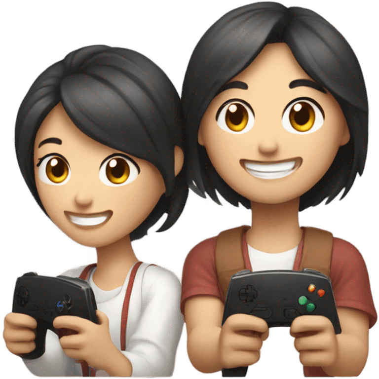 Cute asian couple happily playing video games emoji