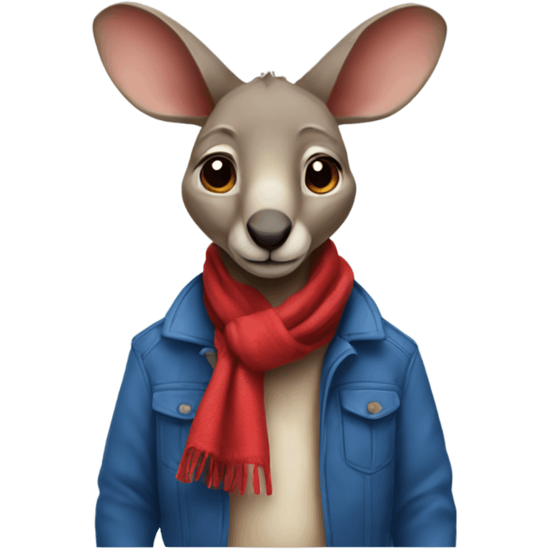 Small kangaroo with a red scarf and blue jacket  emoji