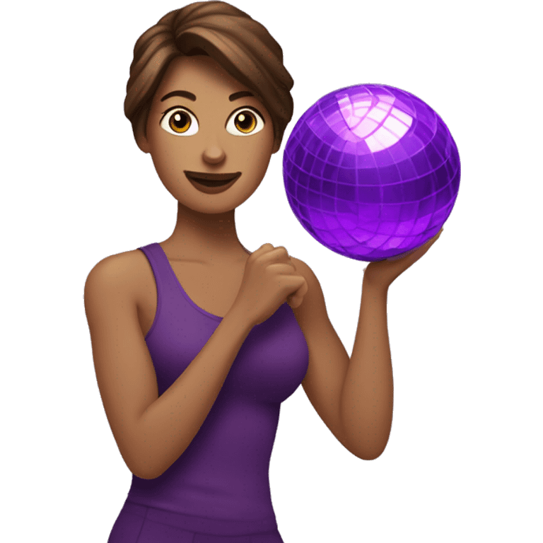 Brown hair woman holding purple disco ball and dumbbell emoji