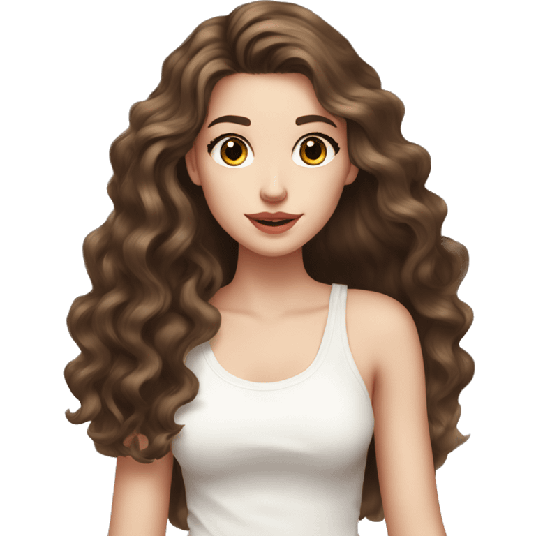 Cute girl, pale skin, big lips, wavy hair, long hair, brown hair, big lashes, white tanktop, long hair  emoji