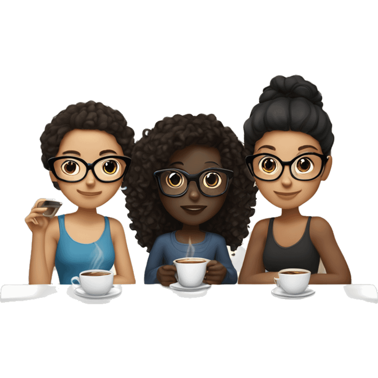 trio of three girls, one dark skinned girl with curly black hair and black glasses, one lighter skin girl with straight dark brown hair, and one light skinned girl with curly brown hair and clear framed glasses, drinking coffe together emoji