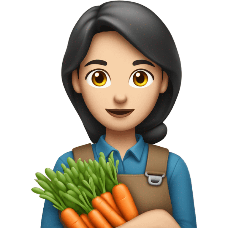 farmer brunette white woman with bunch of peas and carrots in her hands from the garden with gloves on, frowning emoji