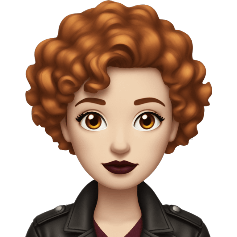 Girl with very pale skin, dark orange curly short hair with a side part, heavy cat-eye makeup, long eyelashes, dark maroon blush and lipstick.  Her eyebrows are dark, arched and very high.  Hazel eyes. Big lips. Thin. Wearing a leather jacket  emoji