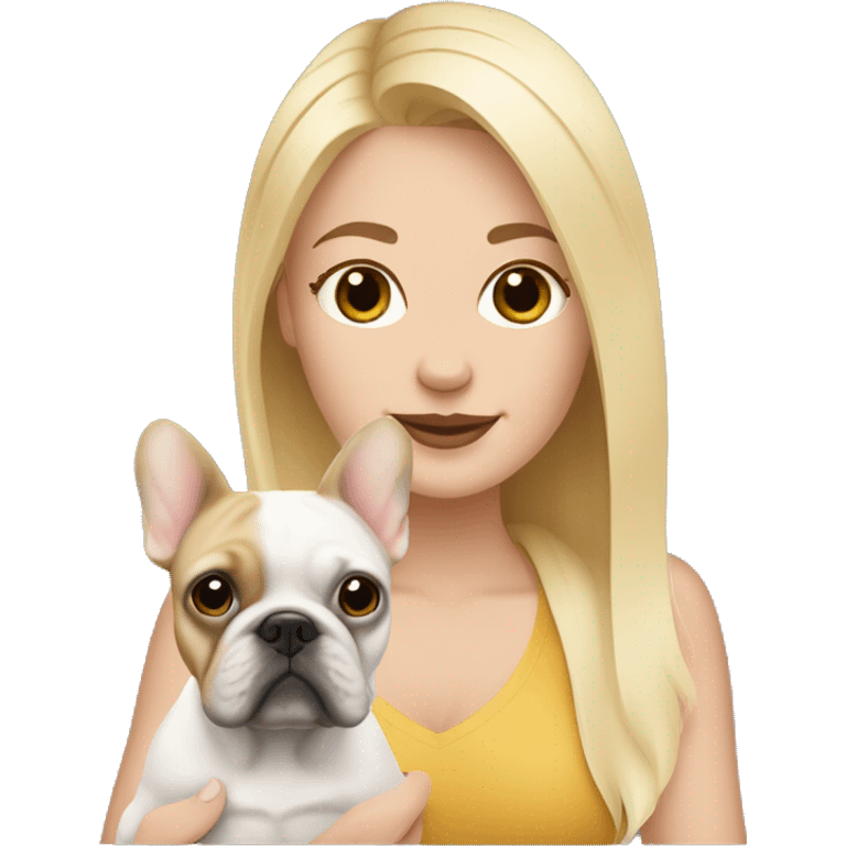 Blonde haired woman holding 1 tan and white French bulldog emoji