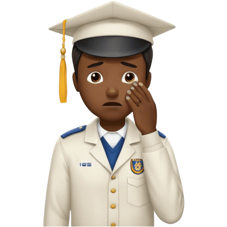 Create an emoji of a student crying. He is wearing a university uniform, including a shirt and pants and hat. The man is visibly upset, with tears streaming down his face, and he is wiping his eyes with his hand. The background should be simple to emphasize his emotional state, conveying the feeling of being overwhelmed with school stress or personal struggles emoji