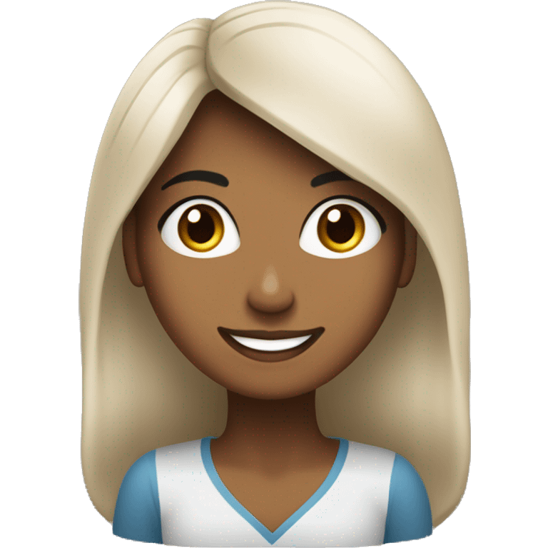 Mujer morena, cabello negro largo, ojos café oscuro sonriendo emoji